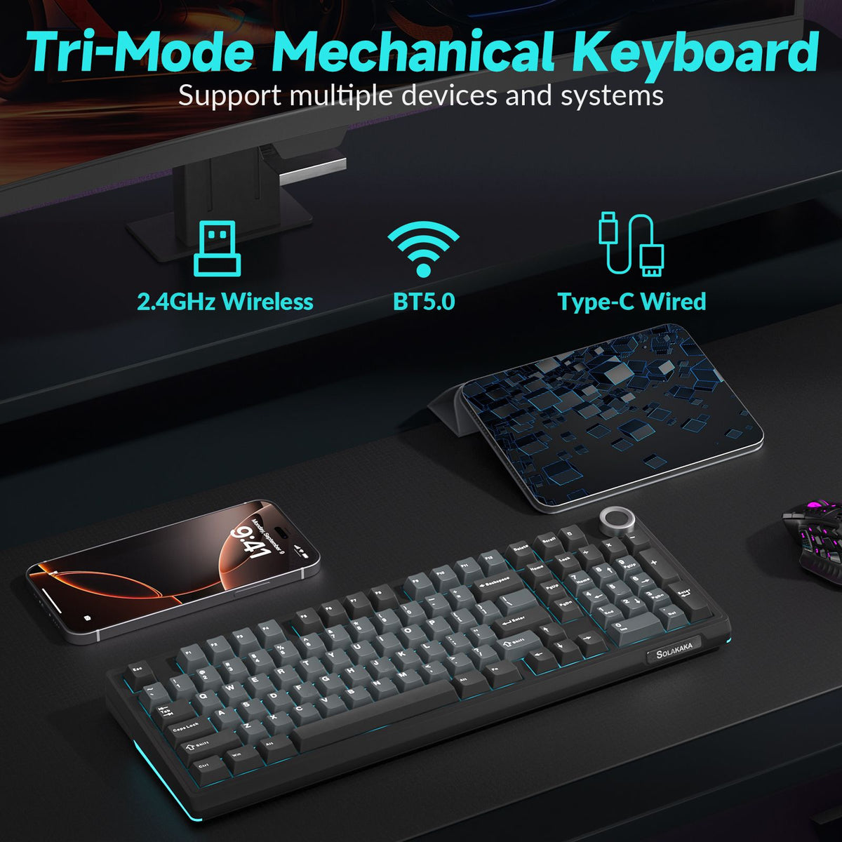 SOLAKAKA Ki99 Pro 99-Key Gasket Mechanical Keyboard Tri-Mode Hot-Swap Knob