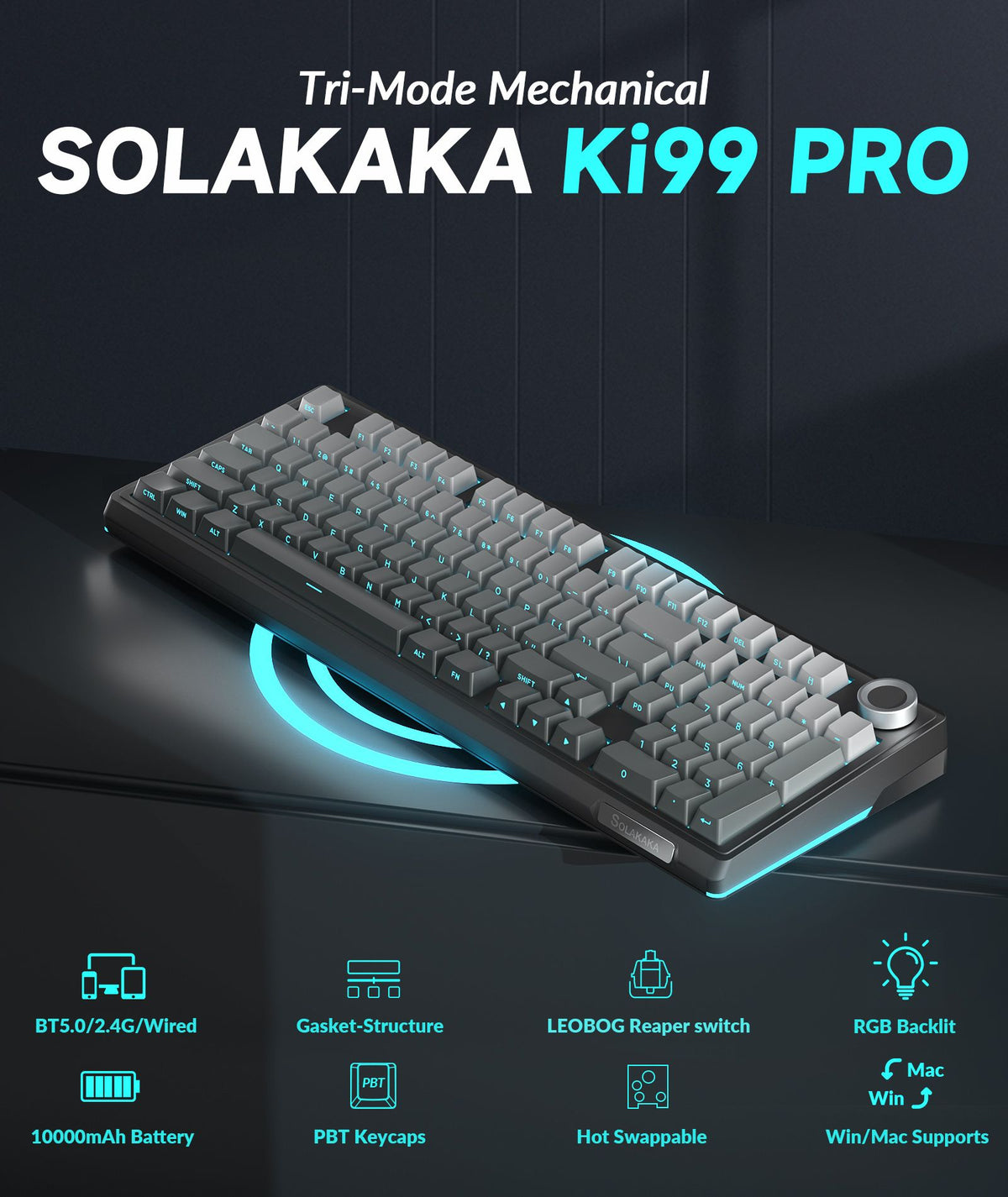 SOLAKAKA Ki99 Pro 99-Key Gasket Mechanical Keyboard Tri-Mode Hot-Swap Knob