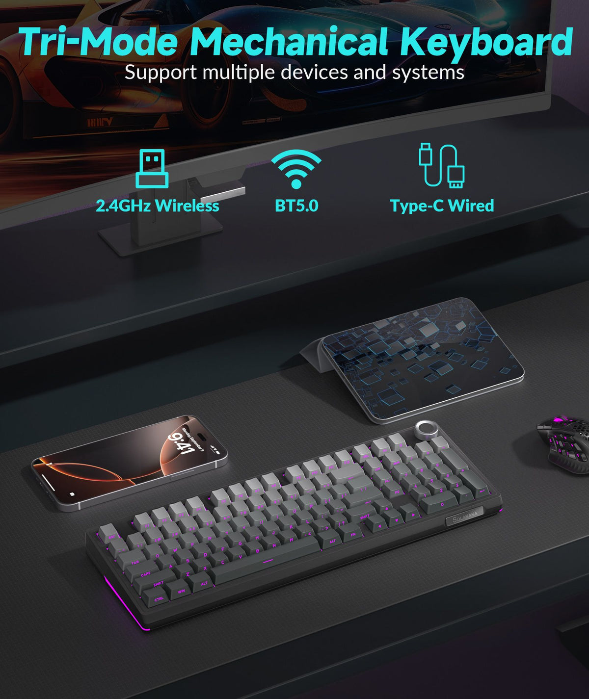 SOLAKAKA Ki99 Pro 99-Key Gasket Mechanical Keyboard Tri-Mode Hot-Swap Knob