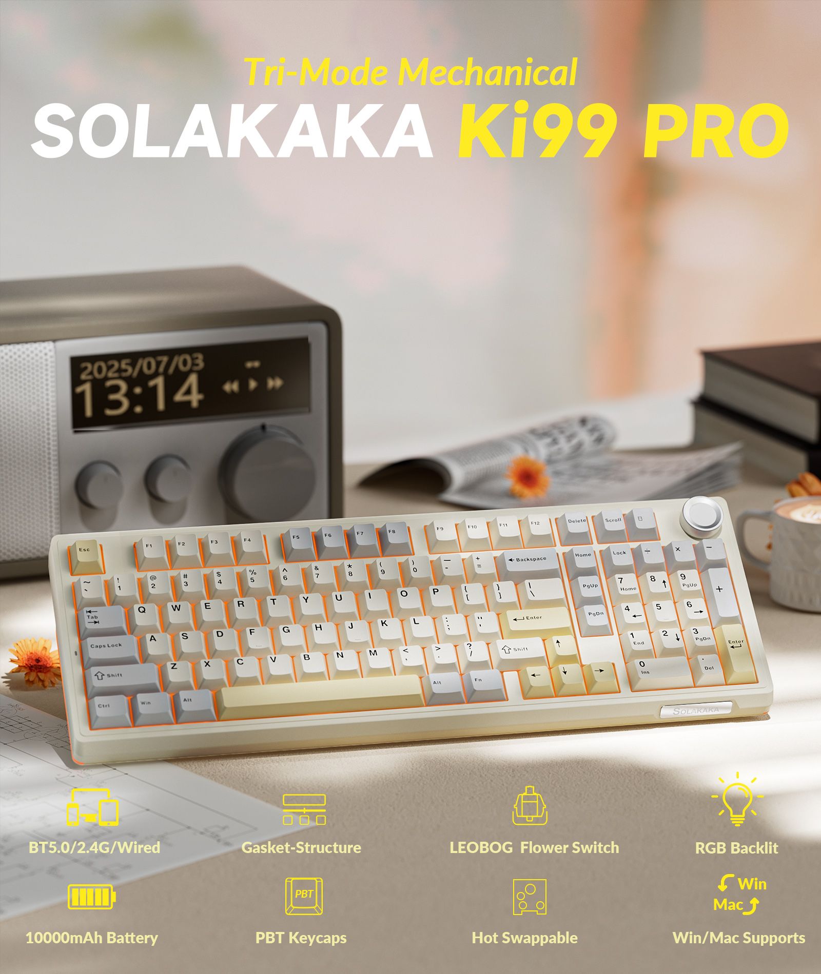 SOLAKAKA Ki99 Pro 99-Key Gasket Mechanical Keyboard Tri-Mode Hot-Swap Knob