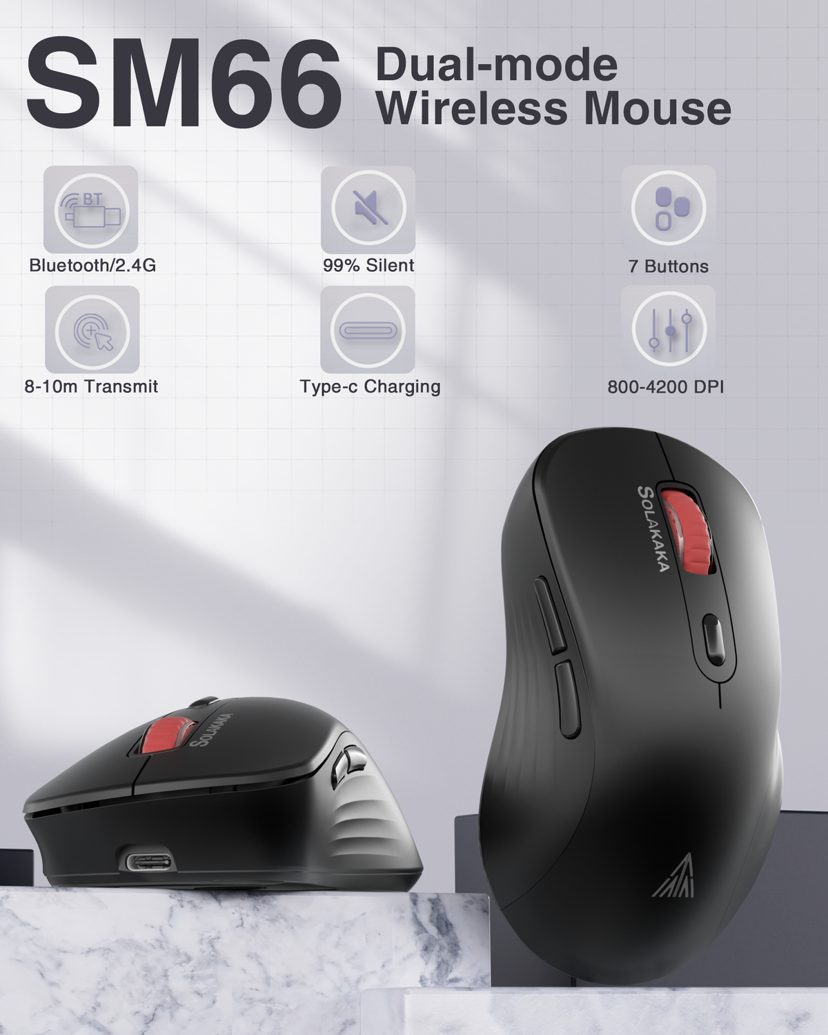 SOLAKAKA Silent Wireless Mouse Bluetooth 2.4GHz 4200 DPI 7 Buttons