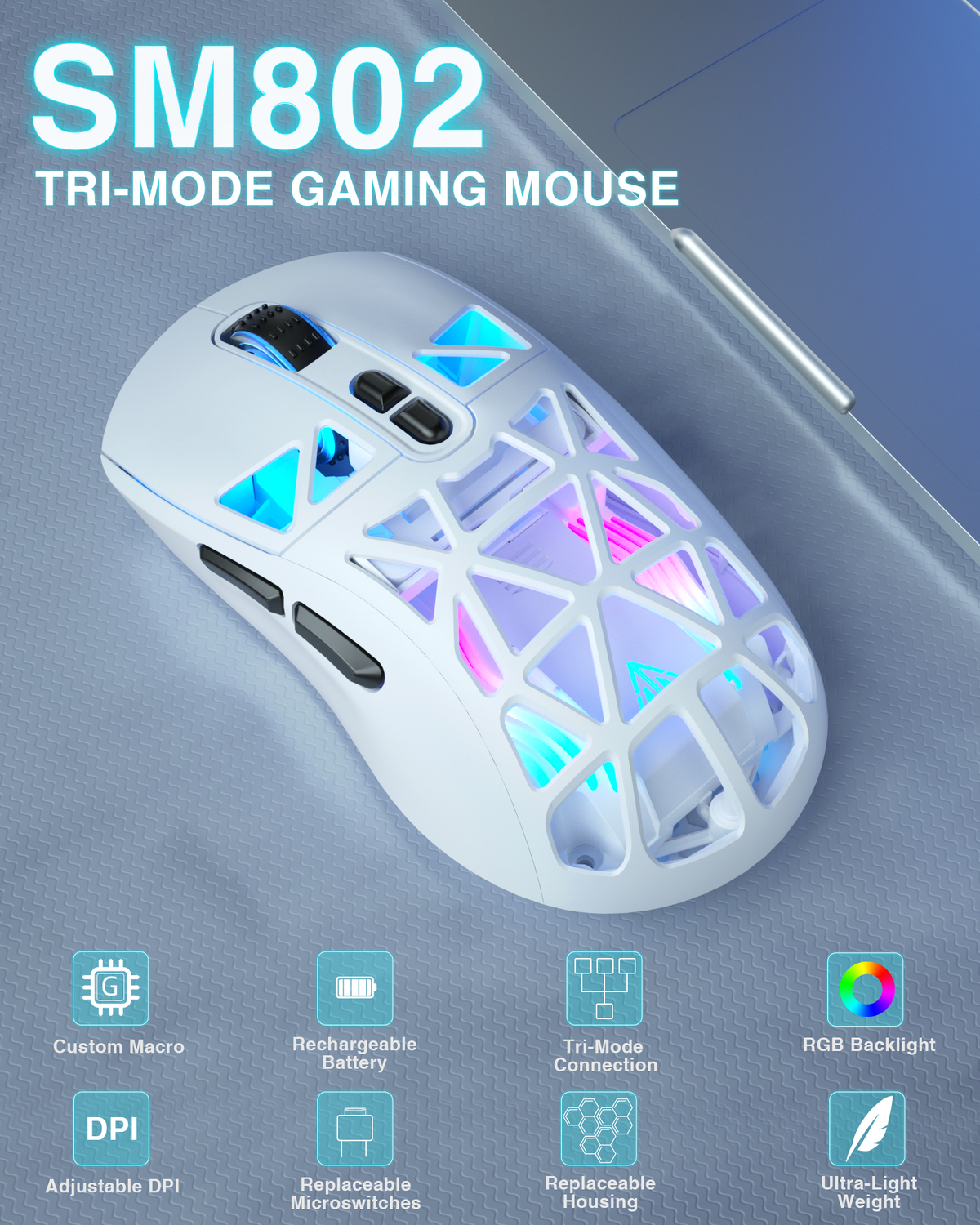 SOLAKAKA SM802 Pro Tri-Mode Gaming Mouse RGB 24000 DPI Hotswap