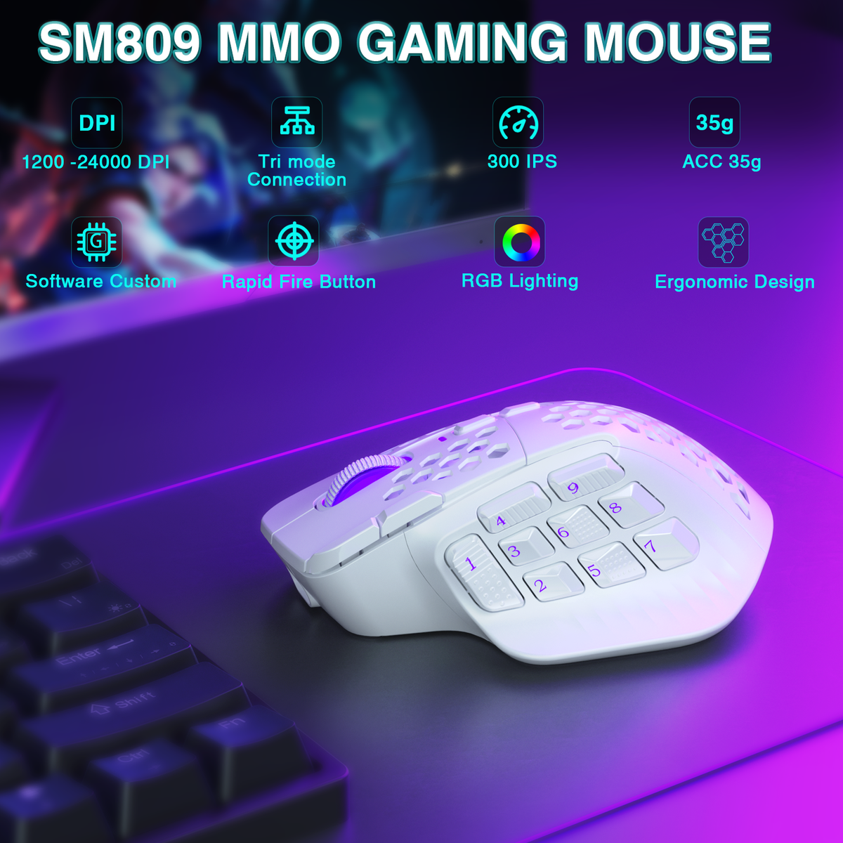 SOLAKAKA Wireless MMO Gaming Mouse 16 Buttons Bluetooth 24000 DPI RGB