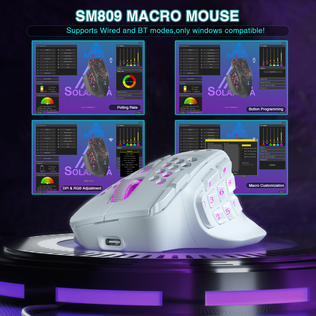 SOLAKAKA Wireless MMO Gaming Mouse 16 Buttons Bluetooth 24000 DPI RGB