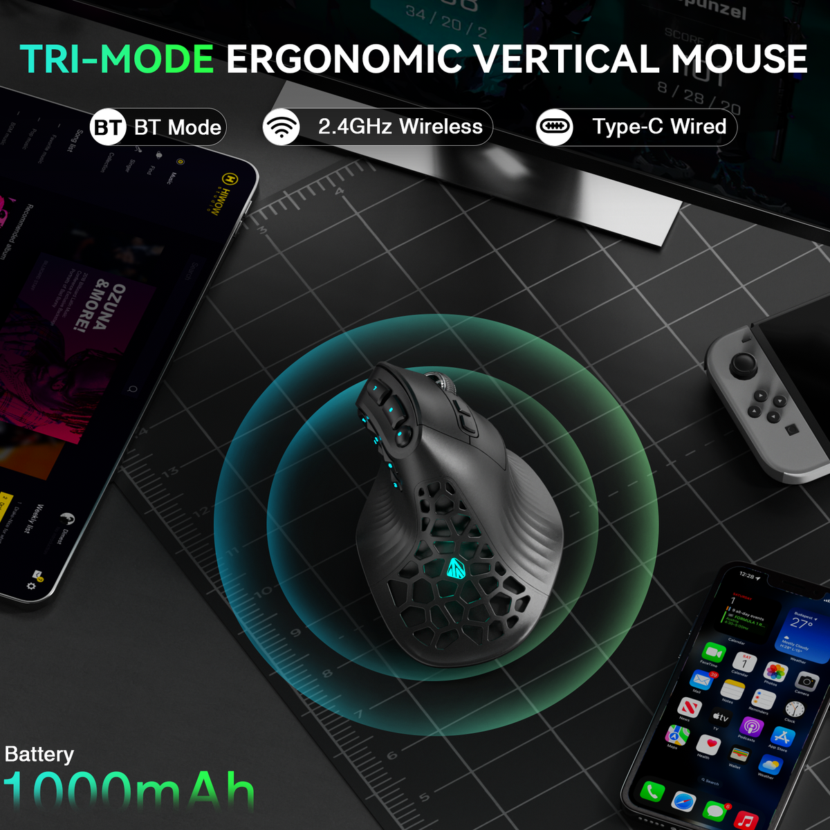 SOLAKAKA E9 Vertical MMO Gaming Mouse Tri-Mode 36000 DPI Ergonomic