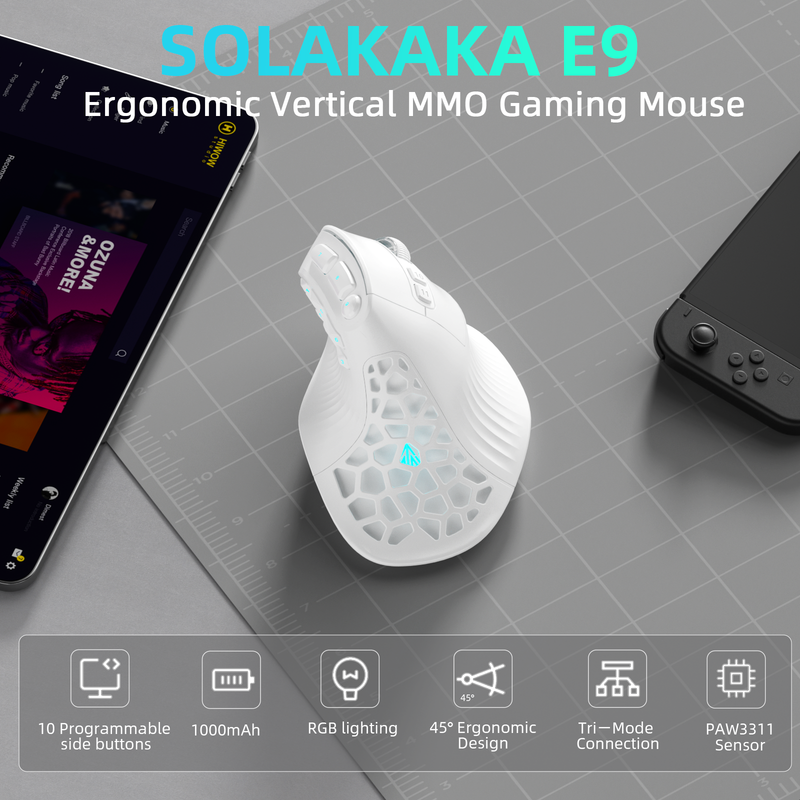 SOLAKAKA E9 Vertical MMO Gaming Mouse Tri-Mode 36000 DPI Ergonomic
