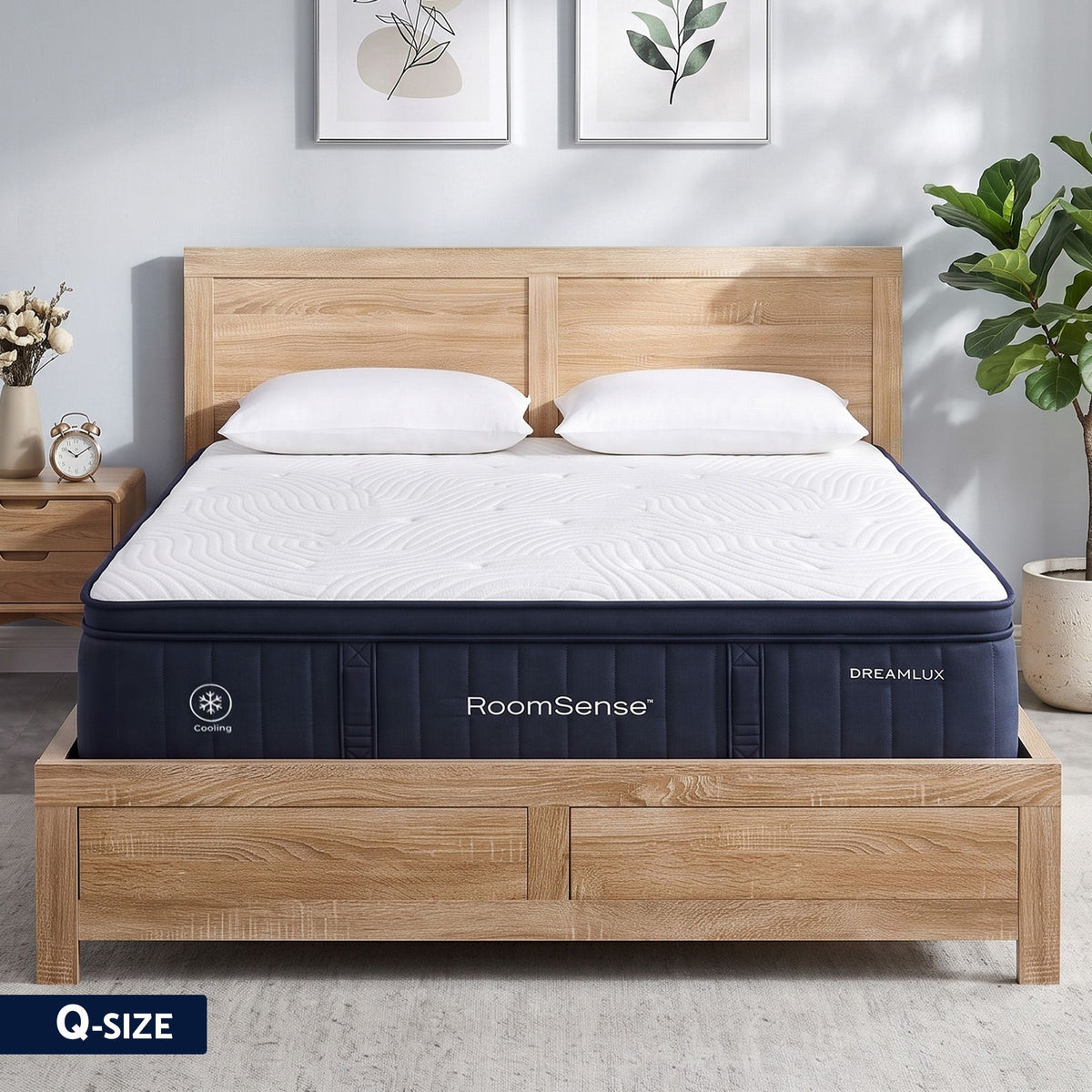 RoomSense Queen 34cm Medium Gel Mattress and Oatmeal Bed Frame Bundle