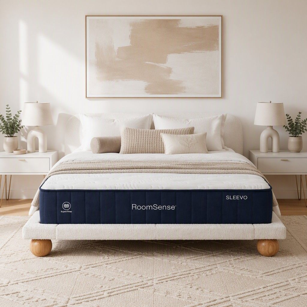 RoomSense Queen 26cm Firm Mattress and Beige Boucle Bed Frame Bundle