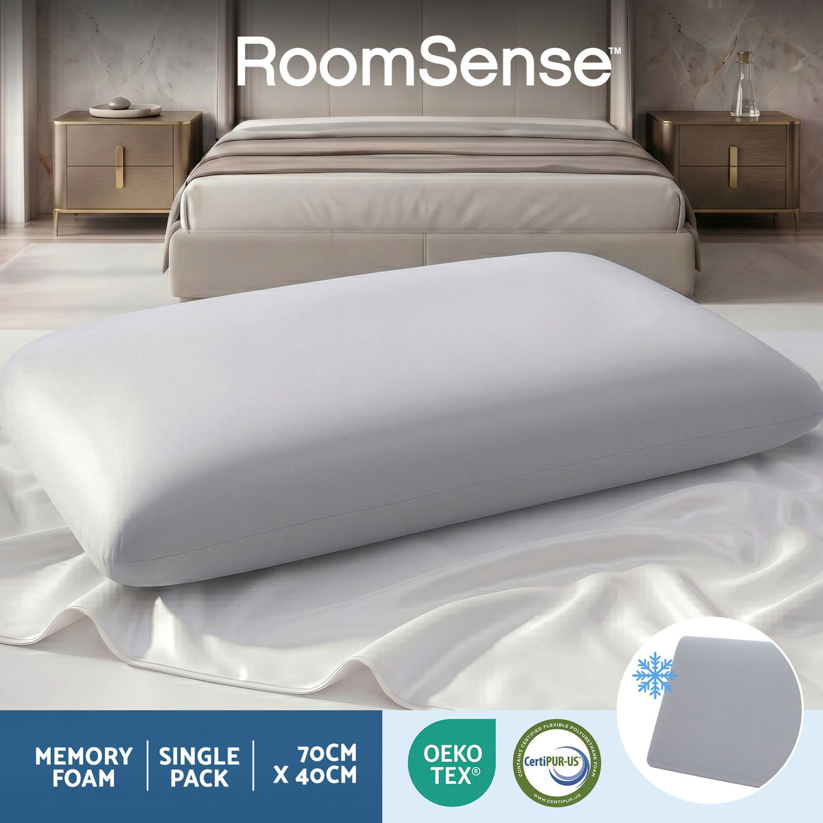 RoomSense Cooling Memory Foam Pillow Queen Size 70x40x10cm