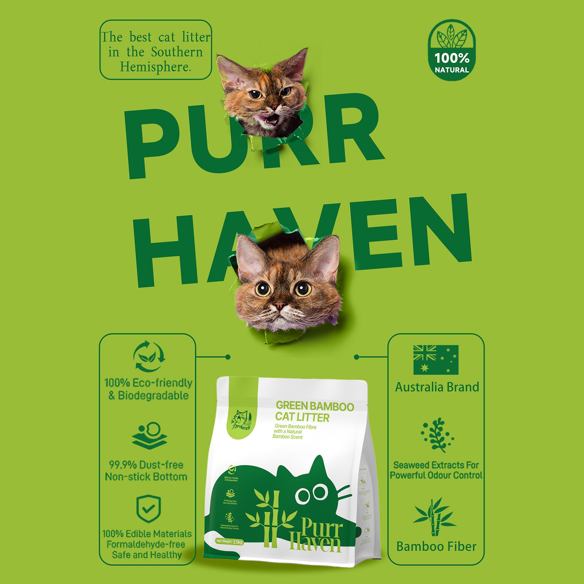 PurrHaven Bamboo Clumping Cat & Kitty Litter, 15kg 6 Pack ,Dust Free,Natural Flusable,Easy to Clean,Odour Neutraliser,Rapid Liquid Absorption,Non-Toxic Formula