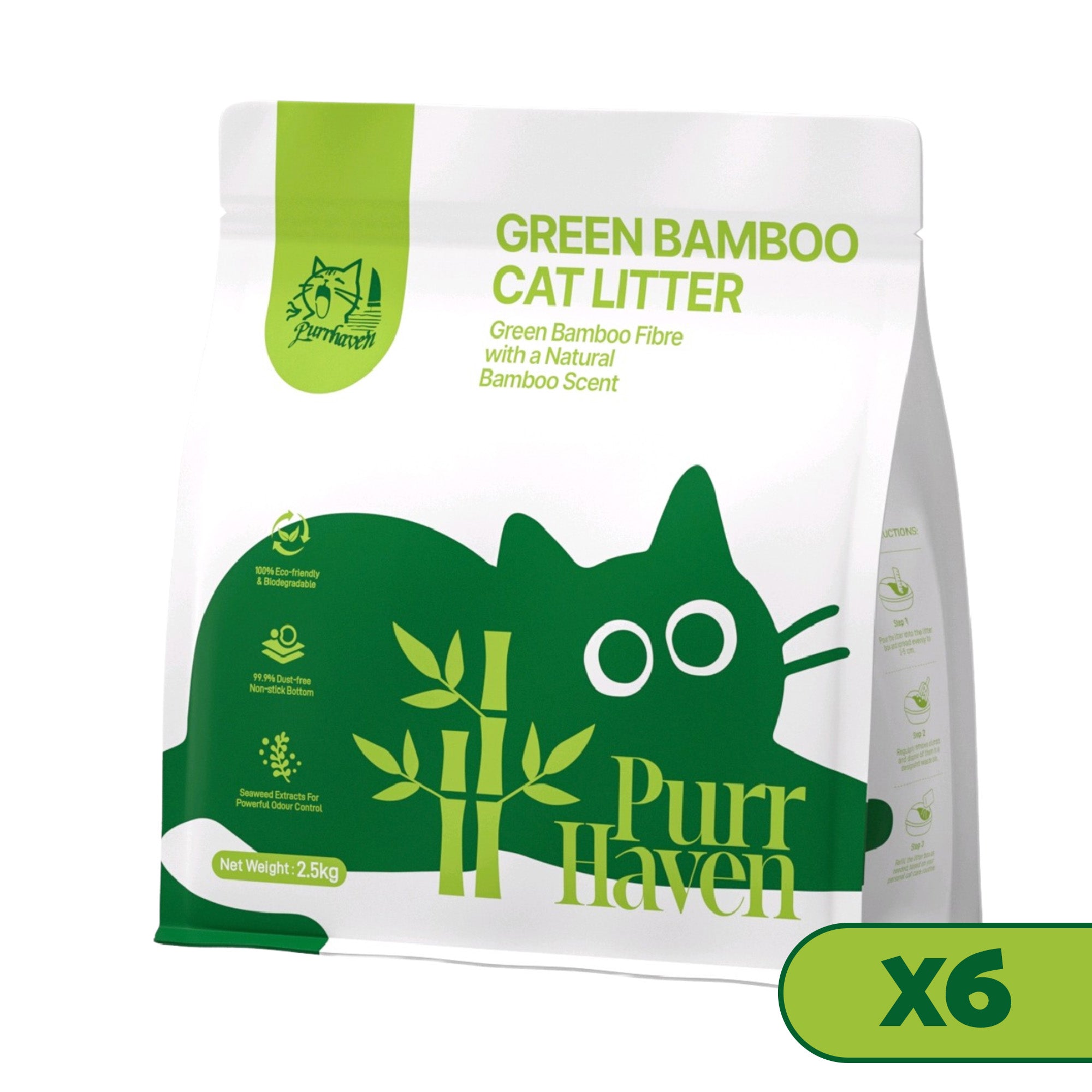 PurrHaven Bamboo Clumping Cat & Kitty Litter, 15kg 6 Pack ,Dust Free,Natural Flusable,Easy to Clean,Odour Neutraliser,Rapid Liquid Absorption,Non-Toxic Formula