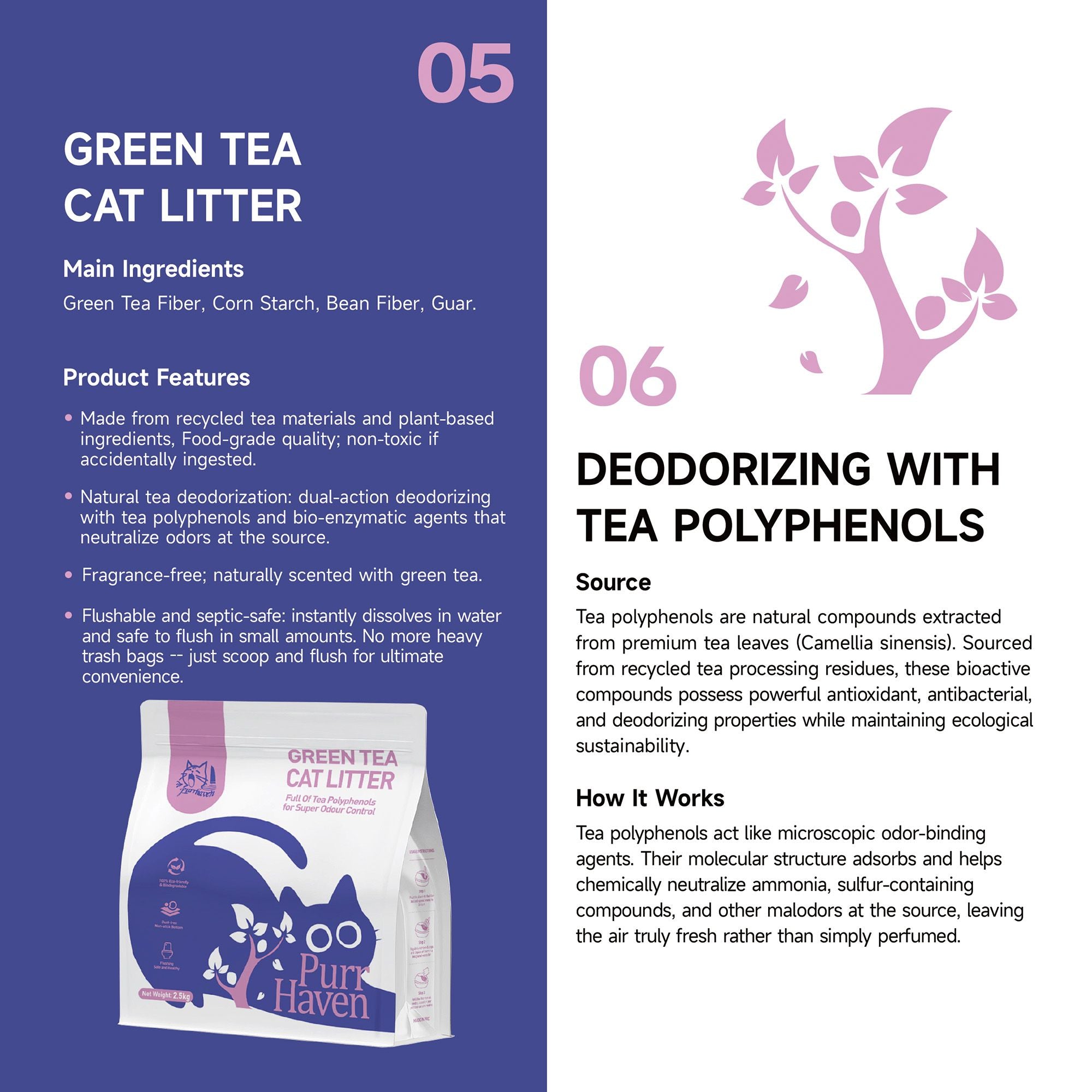 PurrHaven Green Tea Clumping Cat & Kitty Litter, 7.5kg 3 Pack ,Dust Free,Natural Flusable,Easy to Clean,Odour Neutraliser,Rapid Liquid Absorption,Non-Toxic Formula