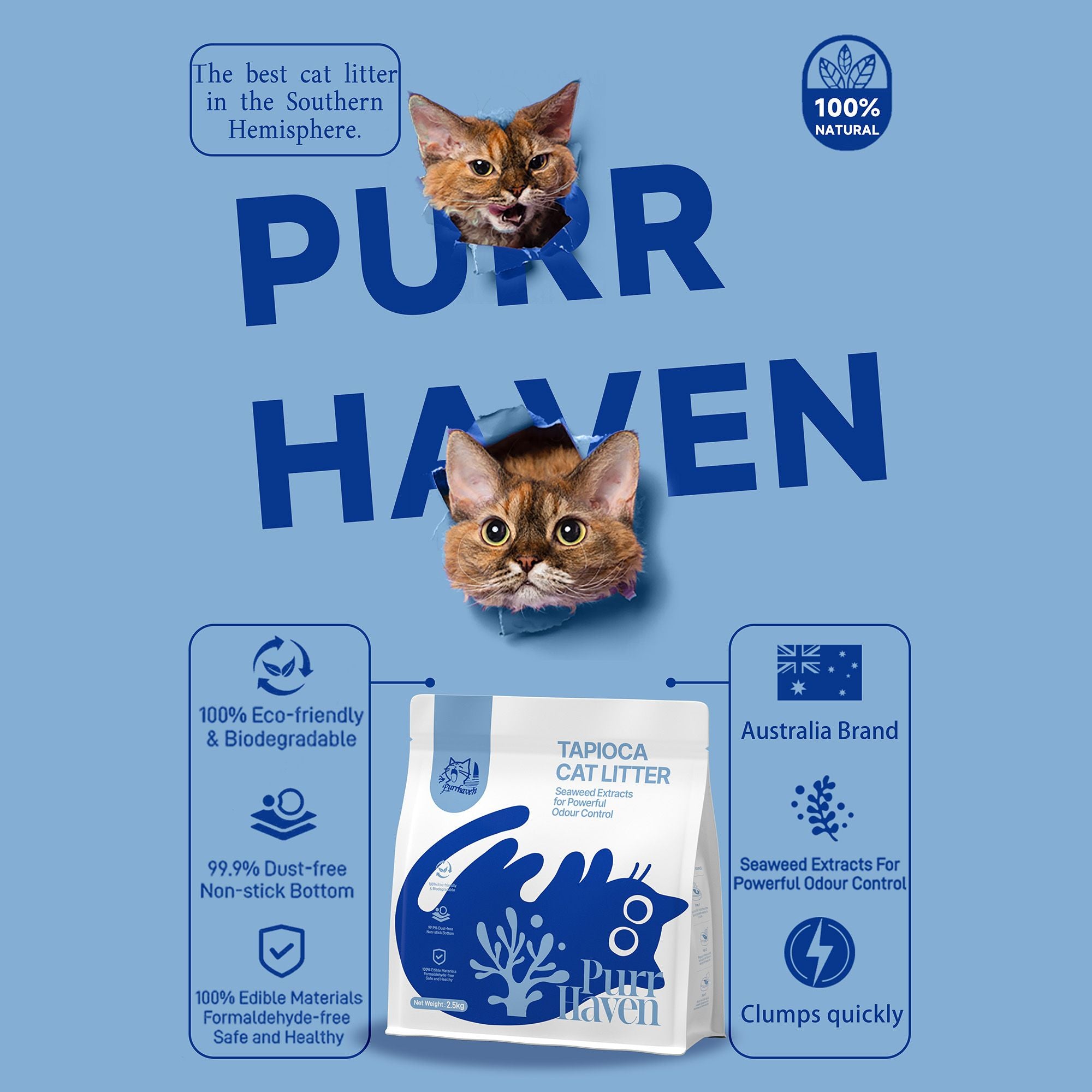 PurrHaven Tapioca Clumping Cat & Kitty Litter, 7.5kg 3 Pack ,Dust Free,Multi-Cat,Easy to Clean,Odour Neutraliser,Rapid Liquid Absorption,Non-Toxic Formula
