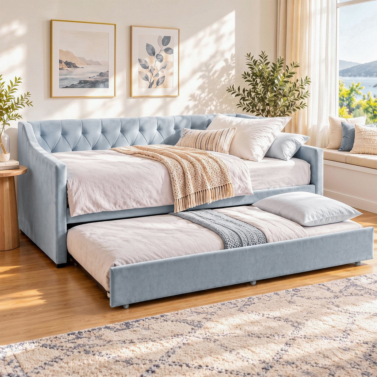 Artiss King Single Upholstered Daybed with Trundle, Light Blue