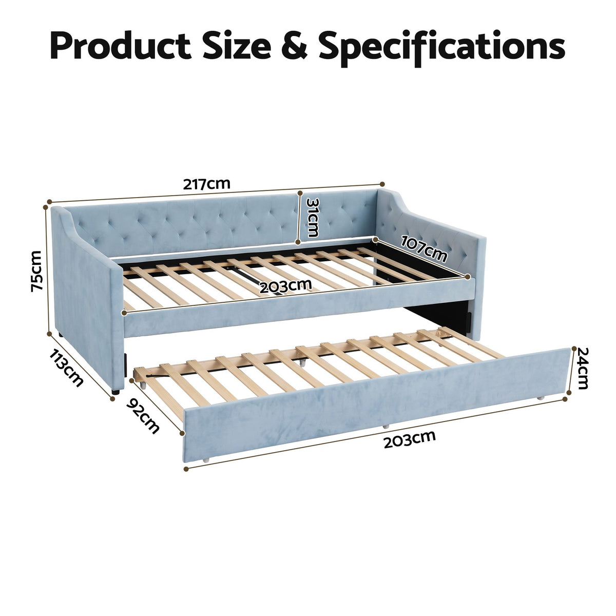 Artiss King Single Buttonless Tufted Daybed with Pull-Out Trundle, Light Blue