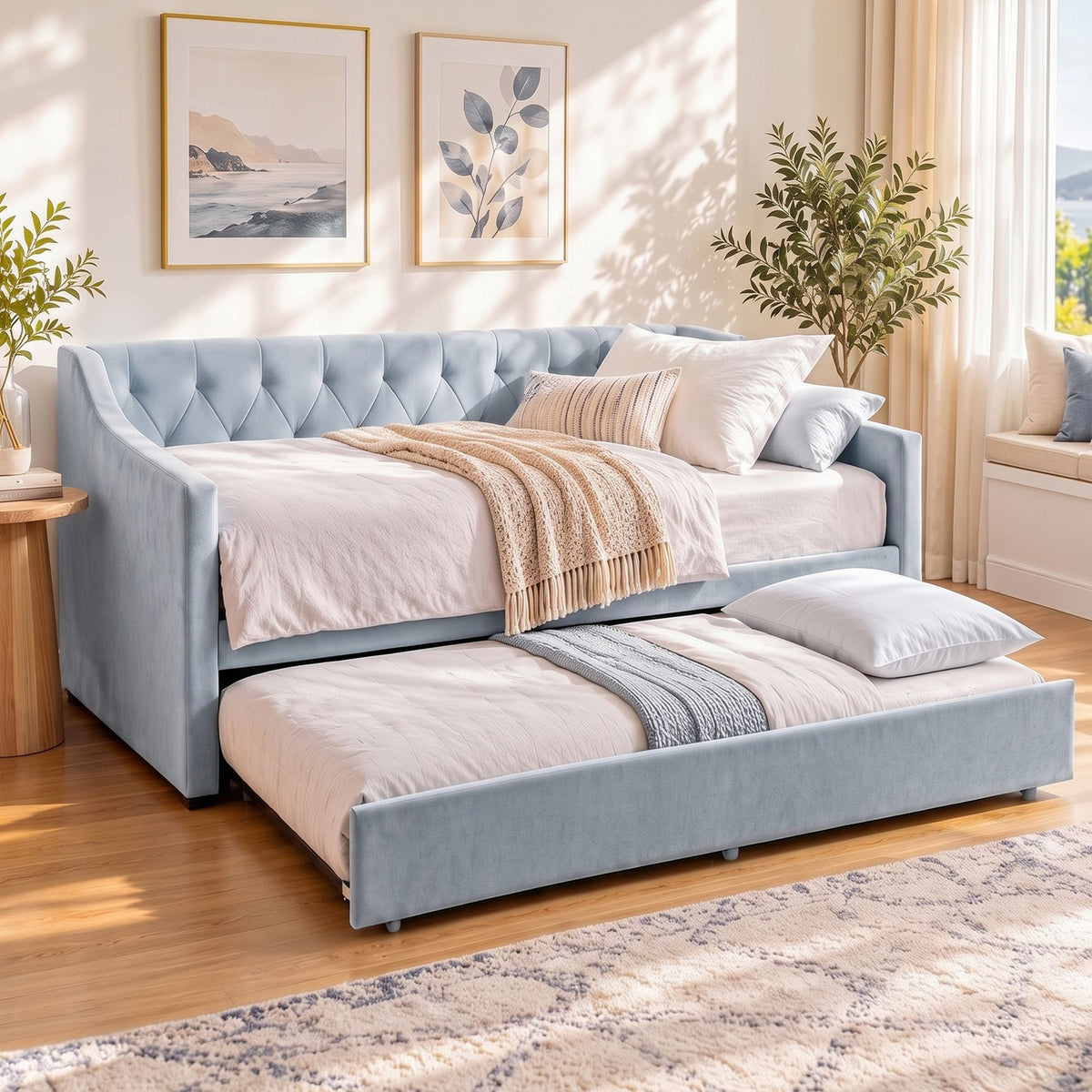 Artiss Single Buttonless Tufted Daybed Frame with Trundle, Blue