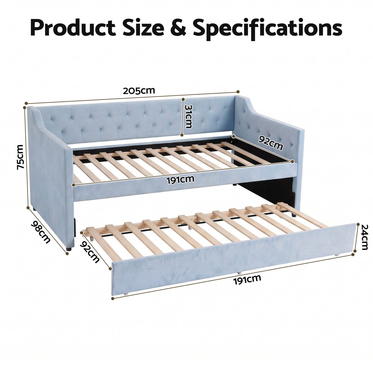 Artiss Single Buttonless Tufted Daybed Frame & Trundle, Blue
