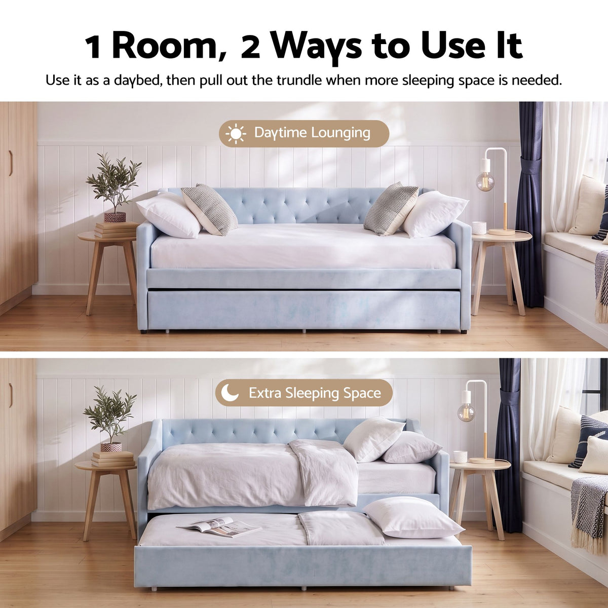 Artiss Single Buttonless Tufted Daybed Frame & Trundle, Blue