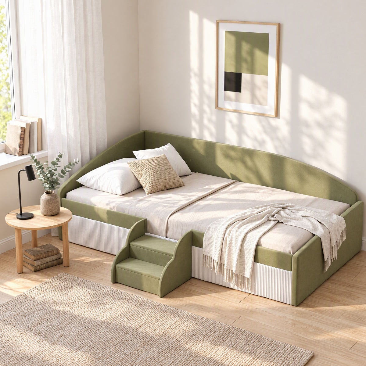 Artiss Single Upholstered Daybed with Centre Stair, Olive Green