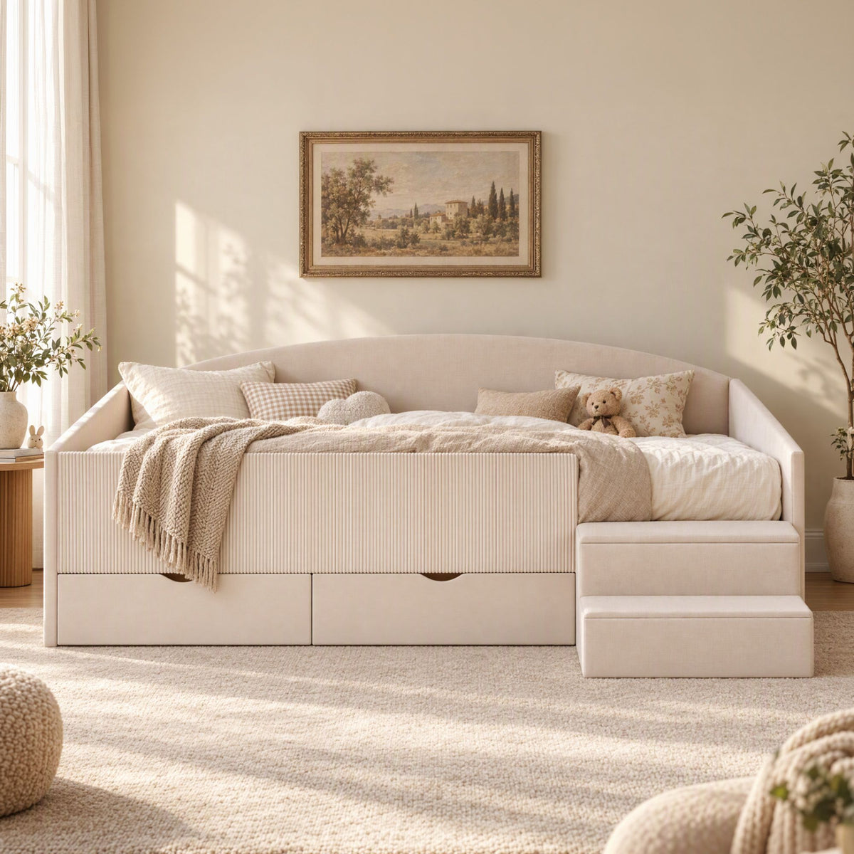 Artiss King Single Upholstered Daybed with Stairs and Drawers, Beige