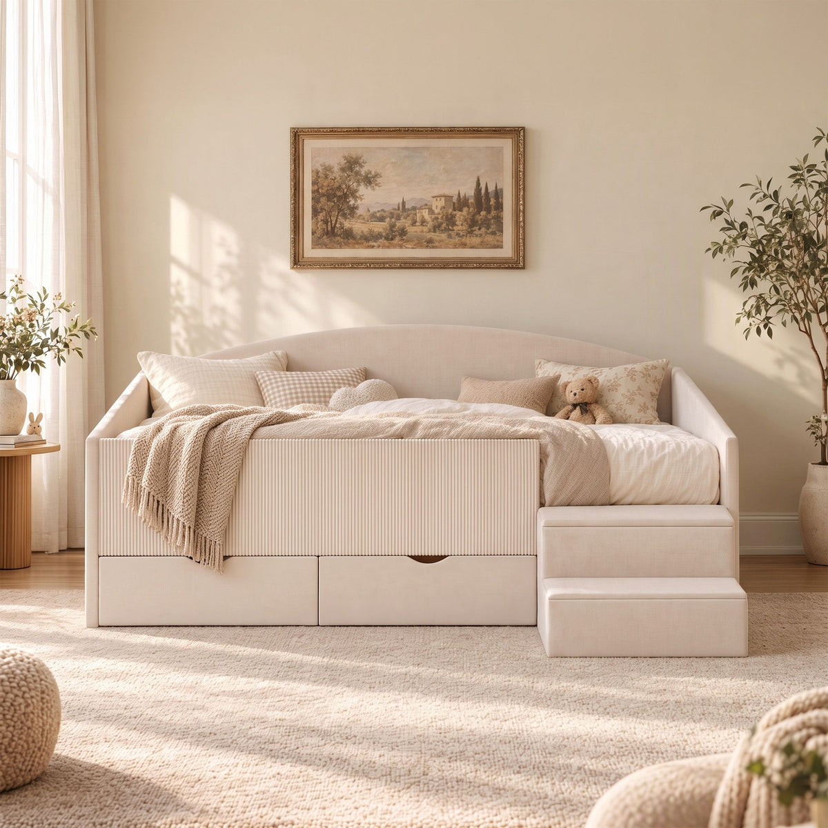 Artiss Single Upholstered Daybed with Stairs and Drawers, Beige
