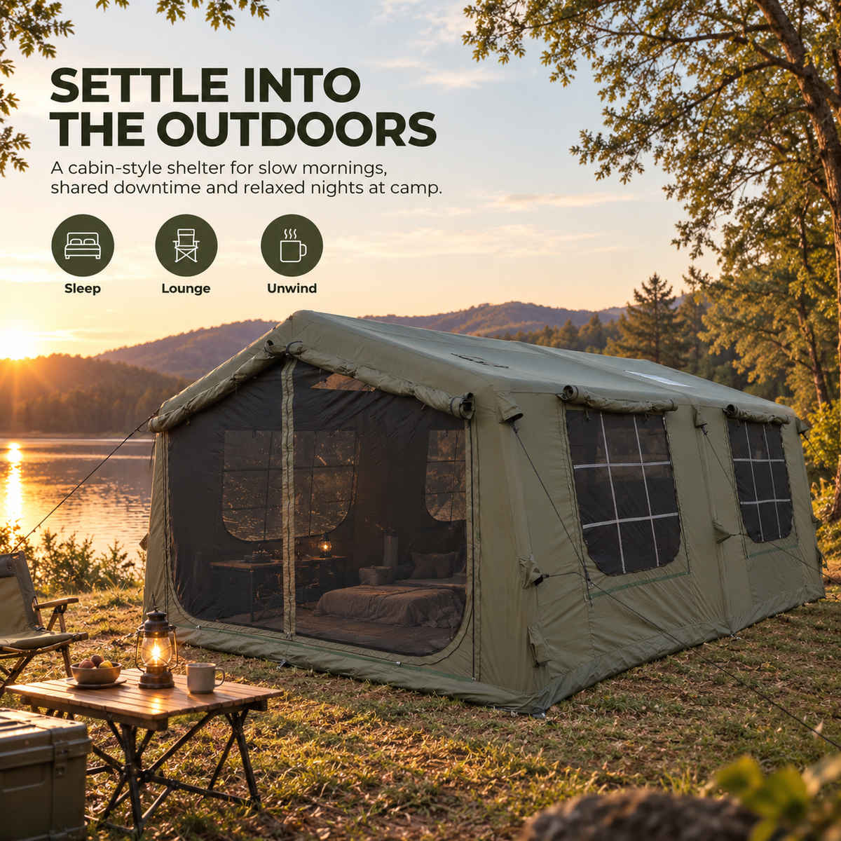 Weisshorn Inflatable Cabin Camping Tent Olive Green Mesh Entry 520x360cm