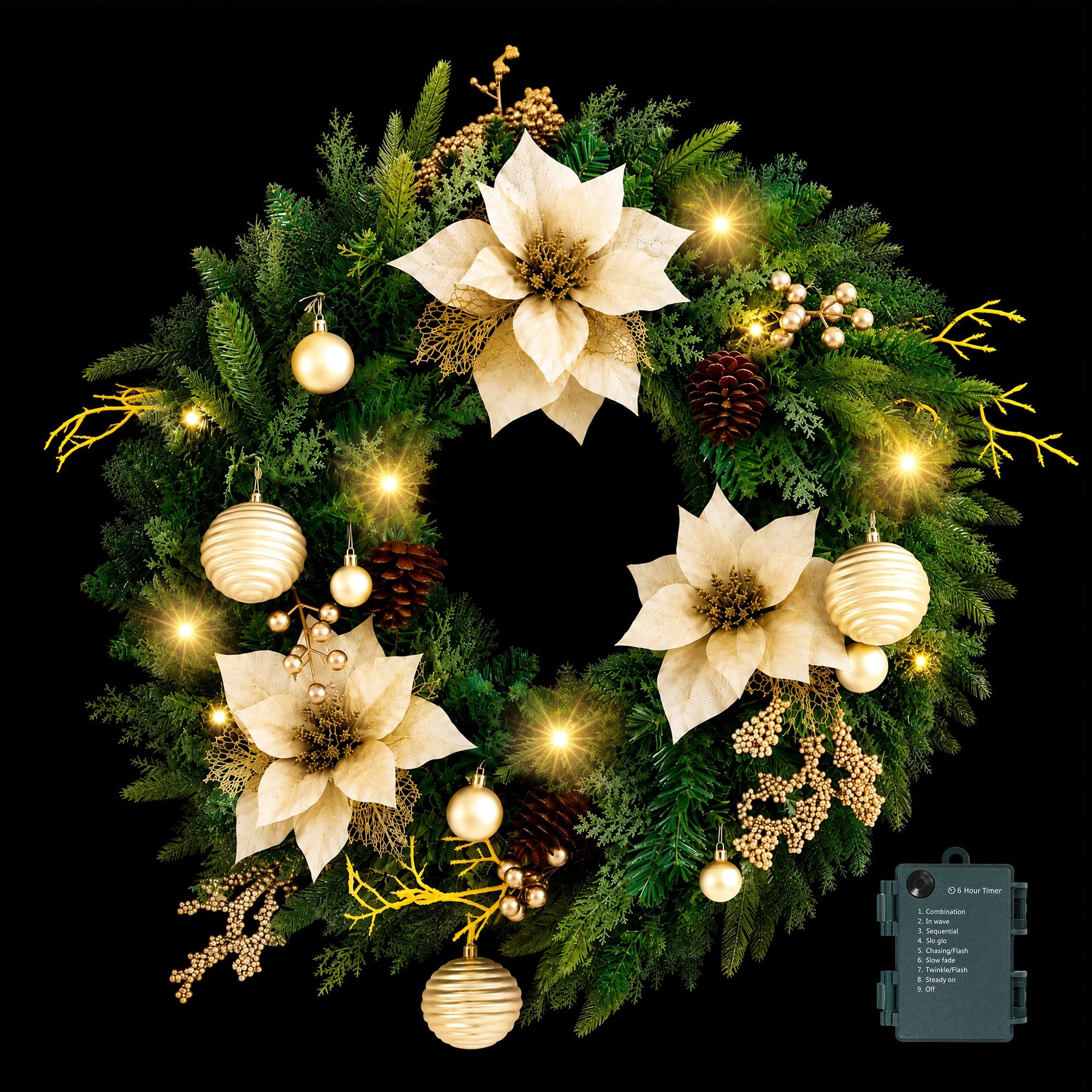Jingle Jollys 60cm Pre-Lit Christmas Wreath LED Garlands Gold Flowers Pinecones Decor
