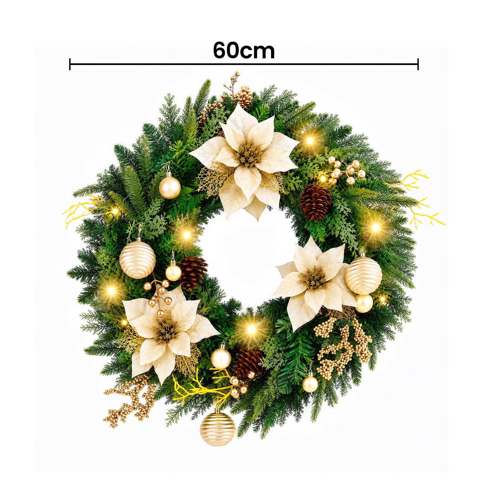 Jingle Jollys 60cm Pre-Lit Christmas Wreath LED Garlands Gold Flowers Pinecones Decor