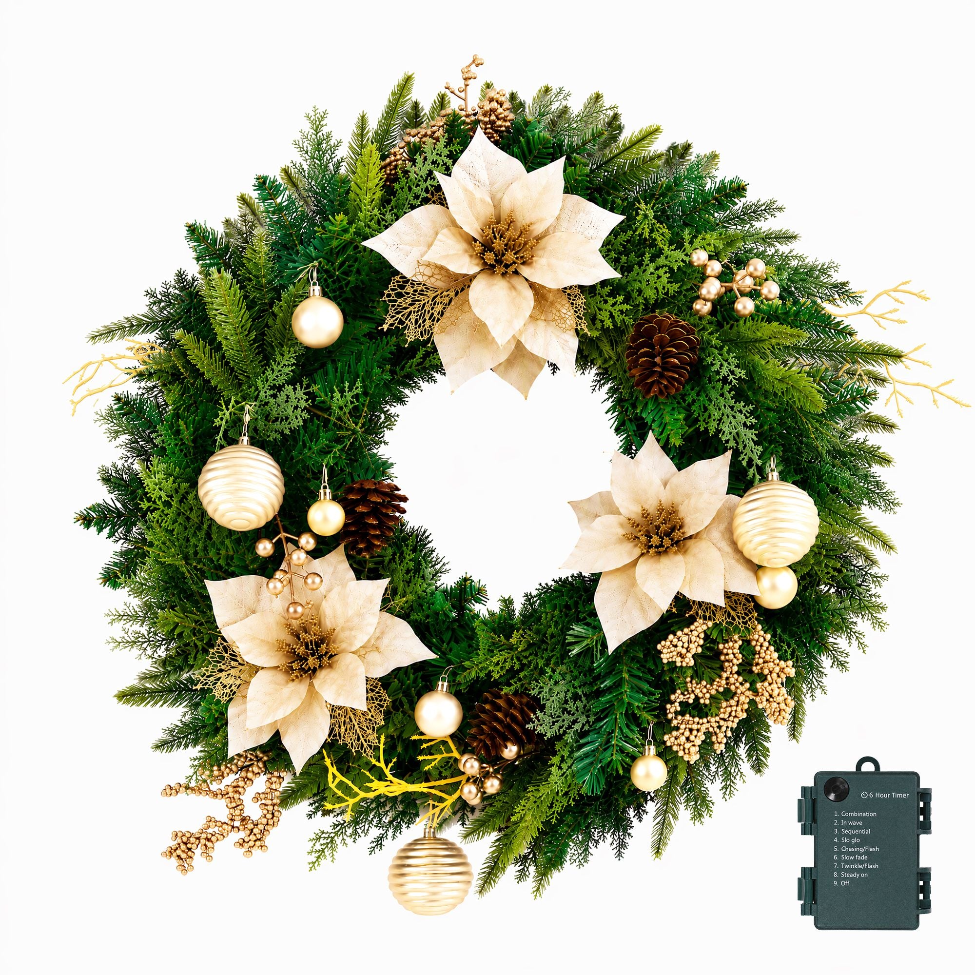 Jingle Jollys 60cm Pre-Lit Christmas Wreath LED Garlands Gold Flowers Pinecones Decor