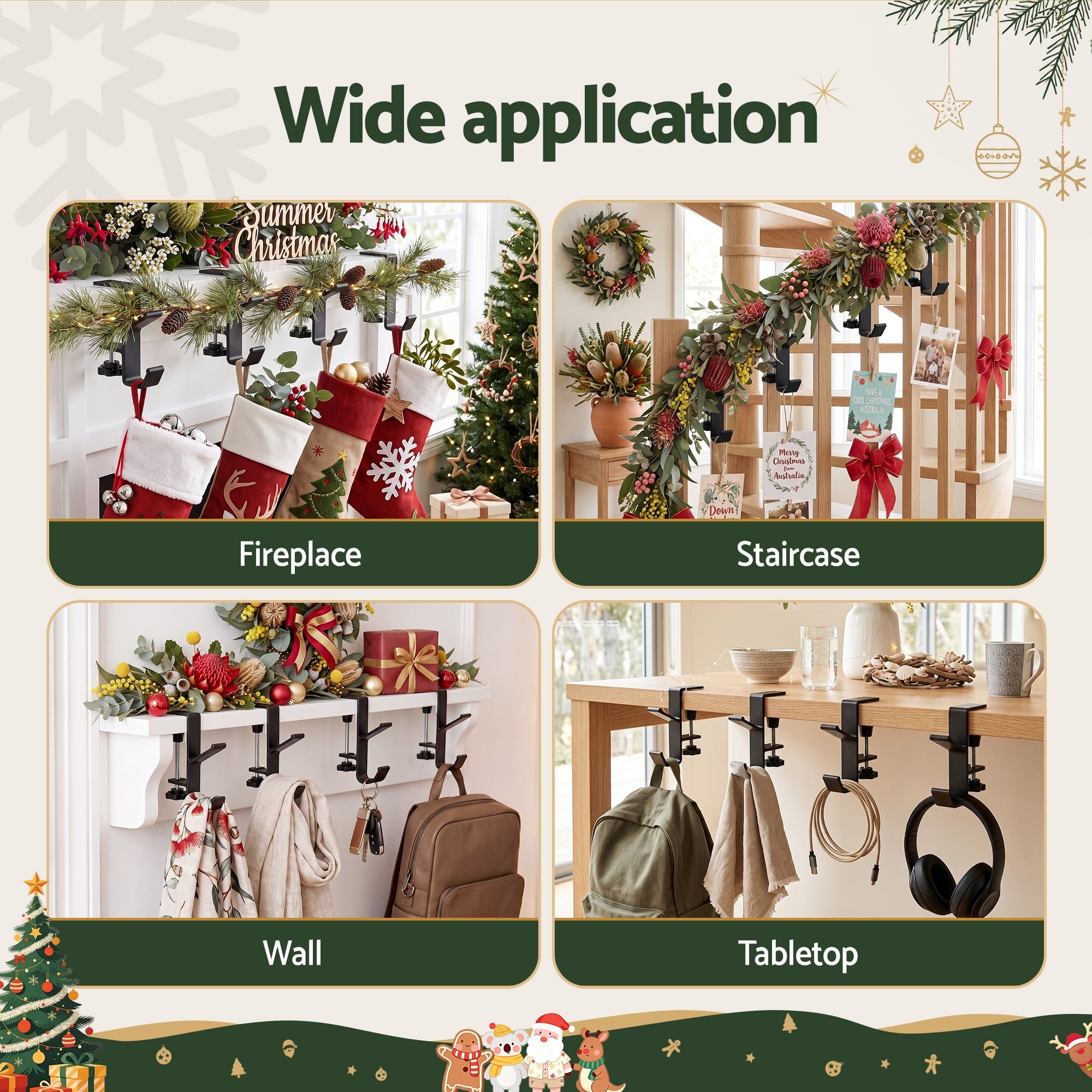 Jingle Jollys Christmas Garland Hangers X4 Stocking Hooks Wreath 2-In-1 No Drill
