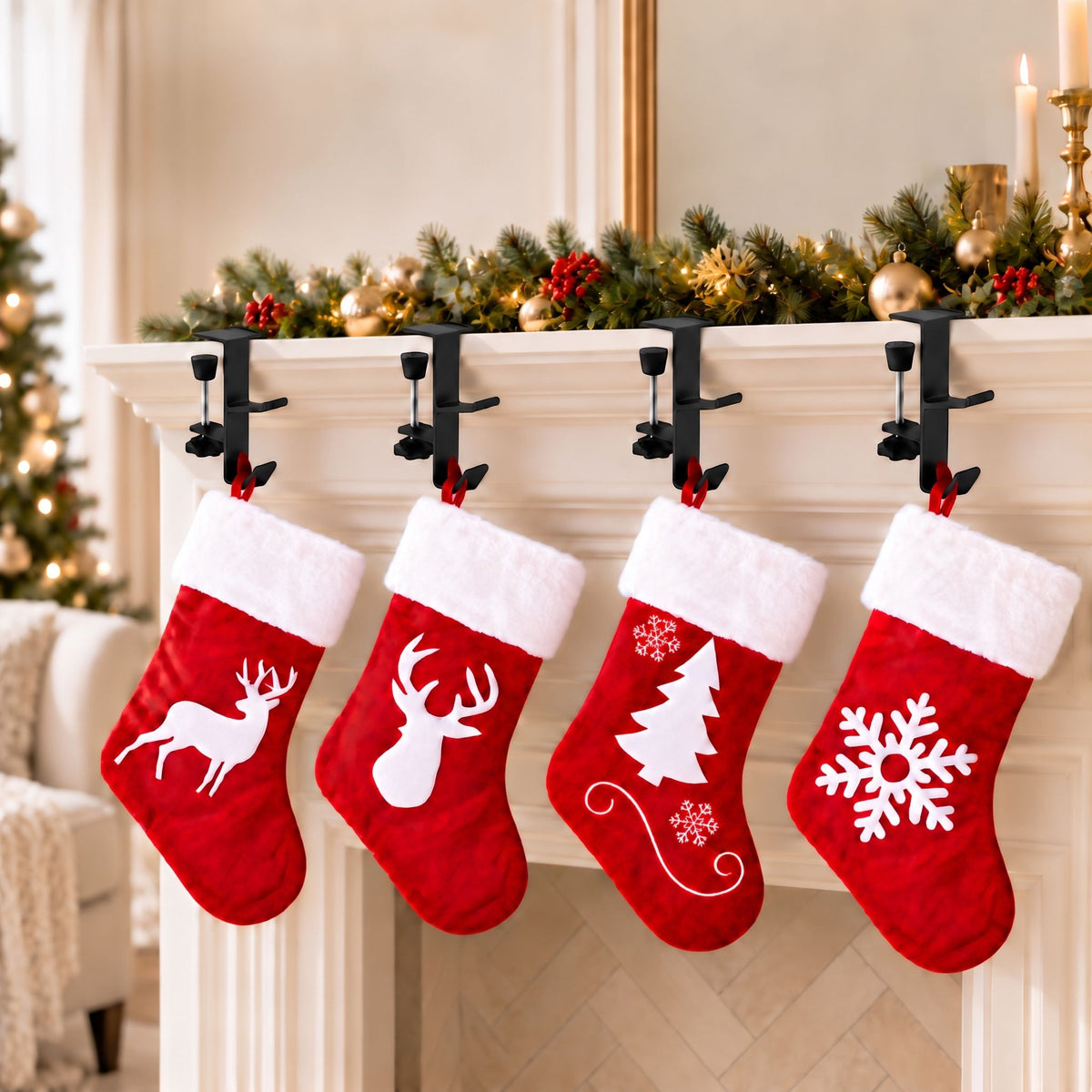 Jingle Jollys Christmas Stocking Set 4 Velvet Stockings 46.5cm & 4 No-Drill Holders