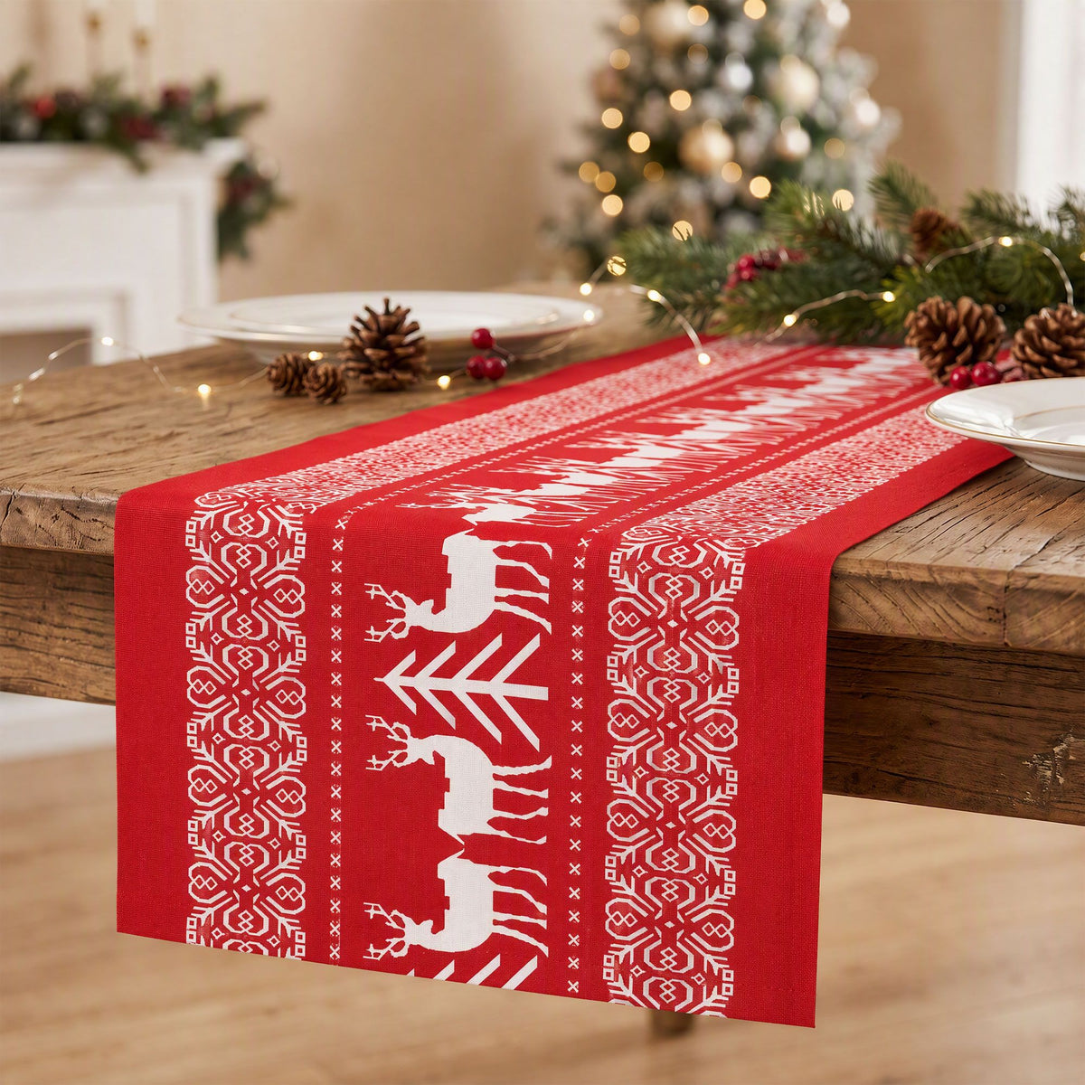 Jingle Jollys Christmas Table Runner Reindeer 270x28cm Red