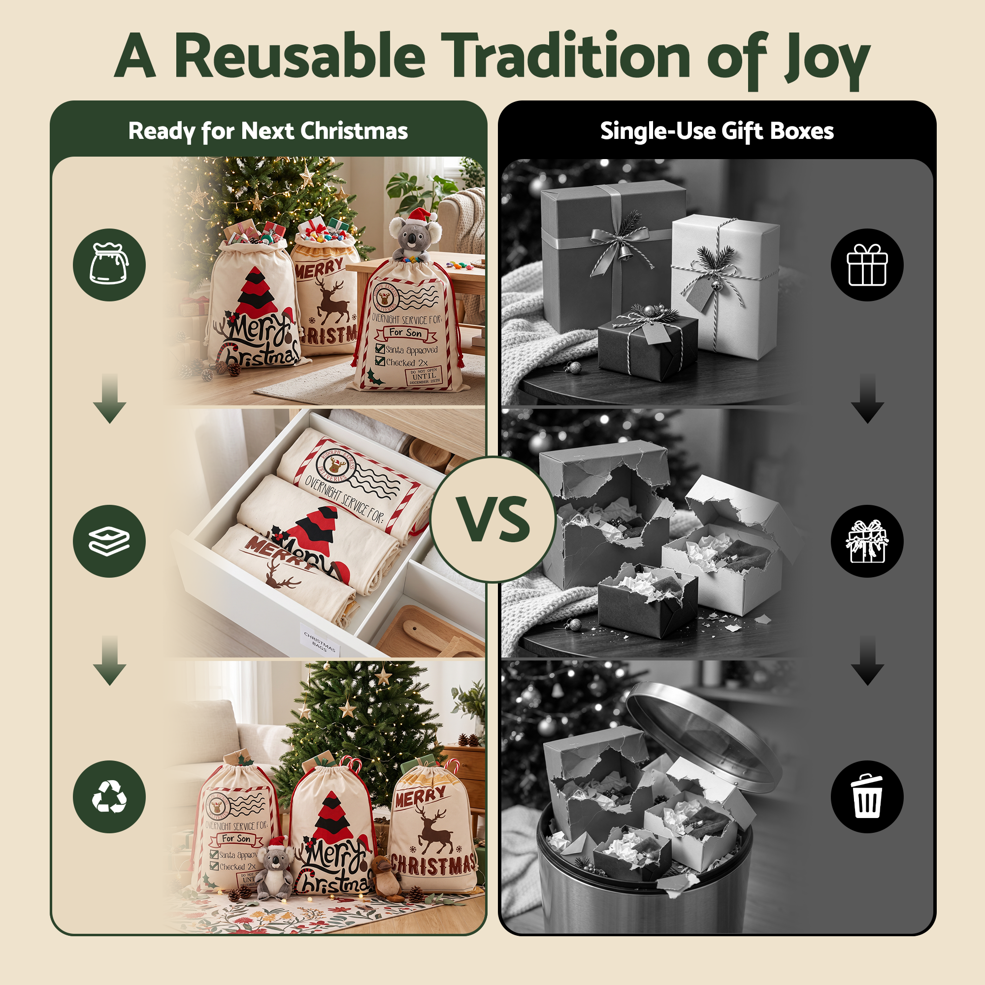 Jingle Jollys 3PCS Christmas Santa Sacks Large Reusable Personalised Canvas Gift Storage Bags