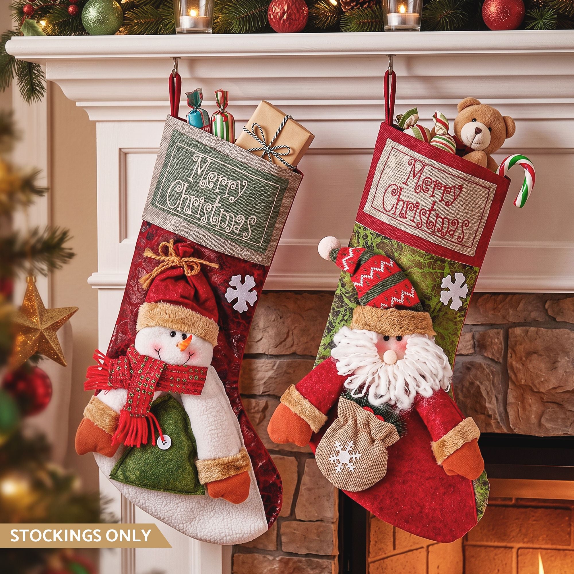 Jingle Jollys Christmas Stockings 2 Pack Large 3D Plush Santa Snowman 43.5cm Christmas Decor for Family Holiday Christmas Party Decorations