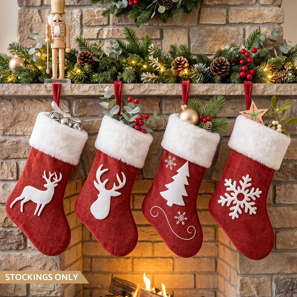 Jingle Jollys 4 Pack Large Velvet Christmas Stockings 46.5cm Red White