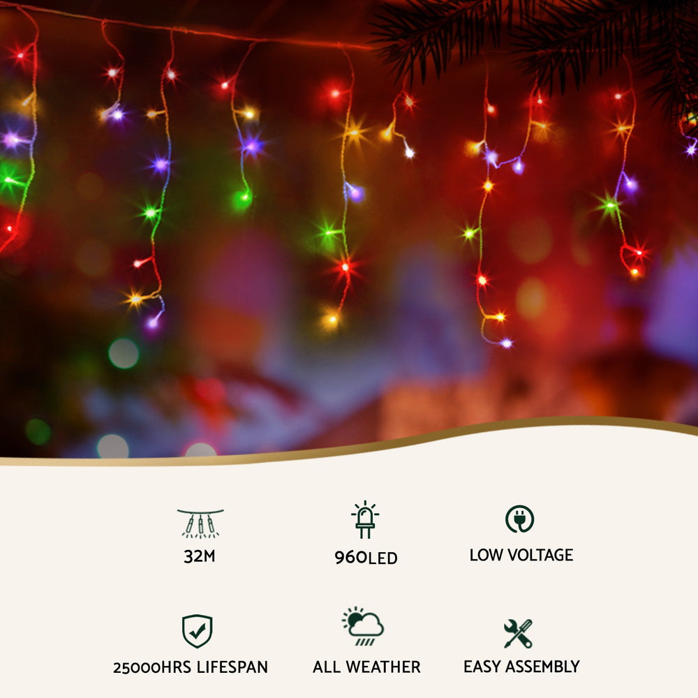 Jingle Jollys 32M Icicle Lights 960 LED Multi-coloured Christmas Outdoor