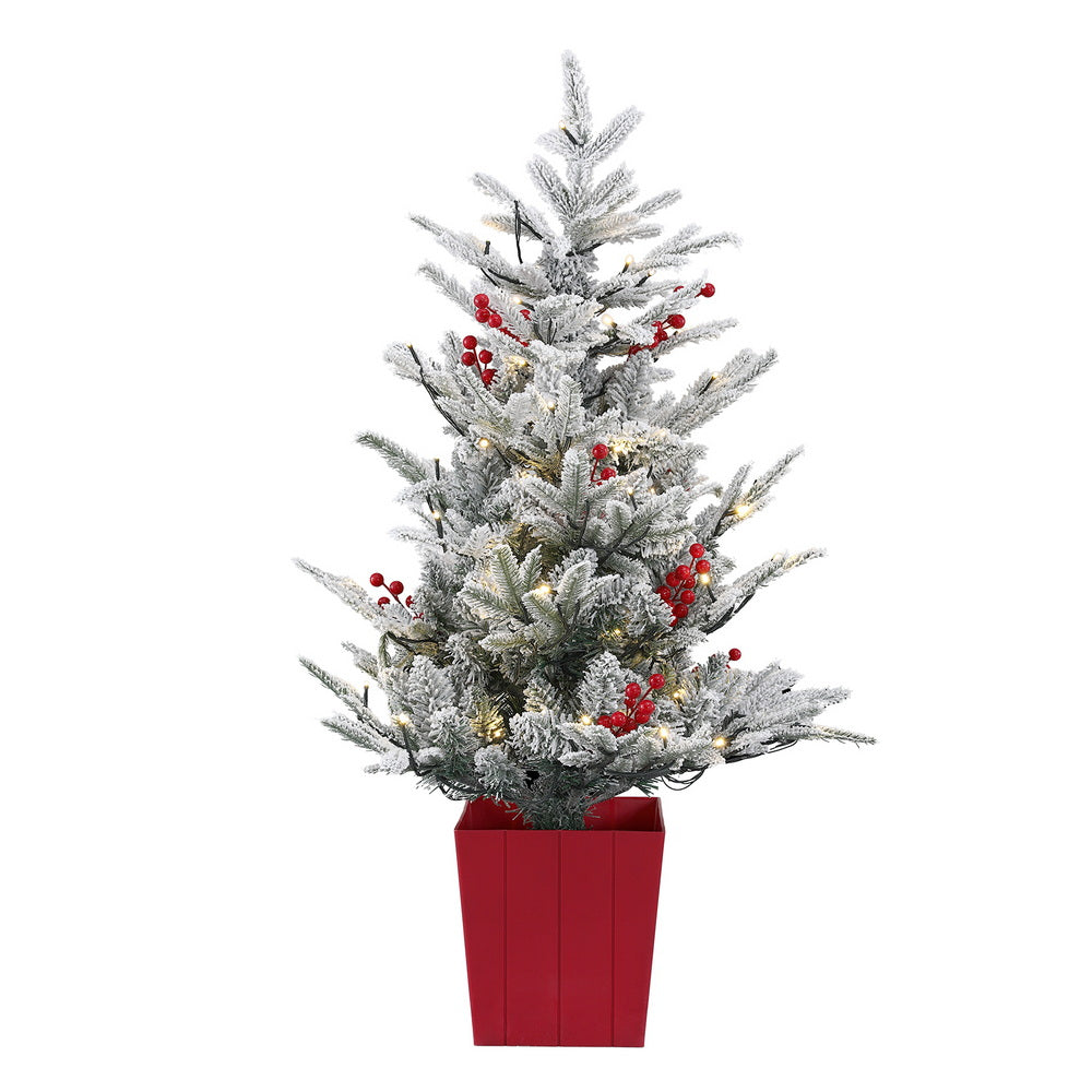 Jingle Jollys 100cm Christmas Tree LED Potted Red Berries Flocked