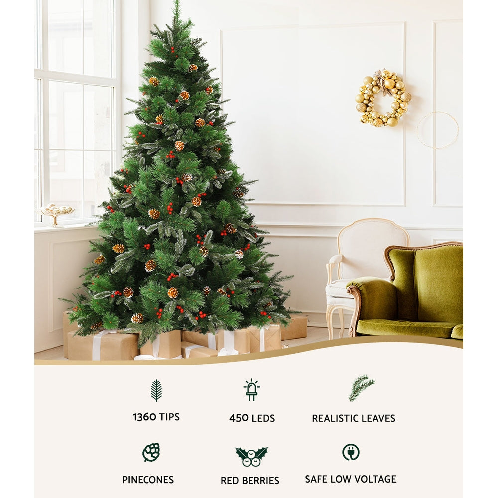 Jingle Jollys 2.1M Christmas Tree Prelit LED Pine Cones Red Berries