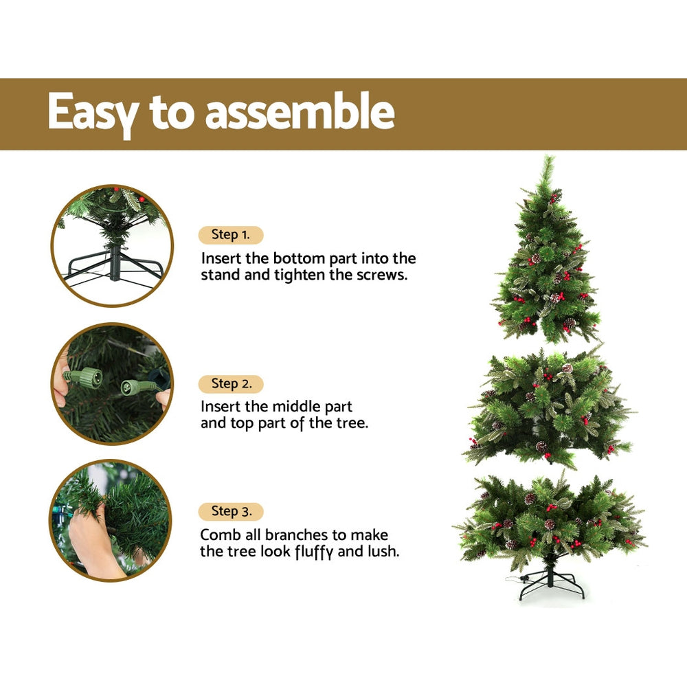 Jingle Jollys 2.1M Christmas Tree Prelit LED Pine Cones Red Berries