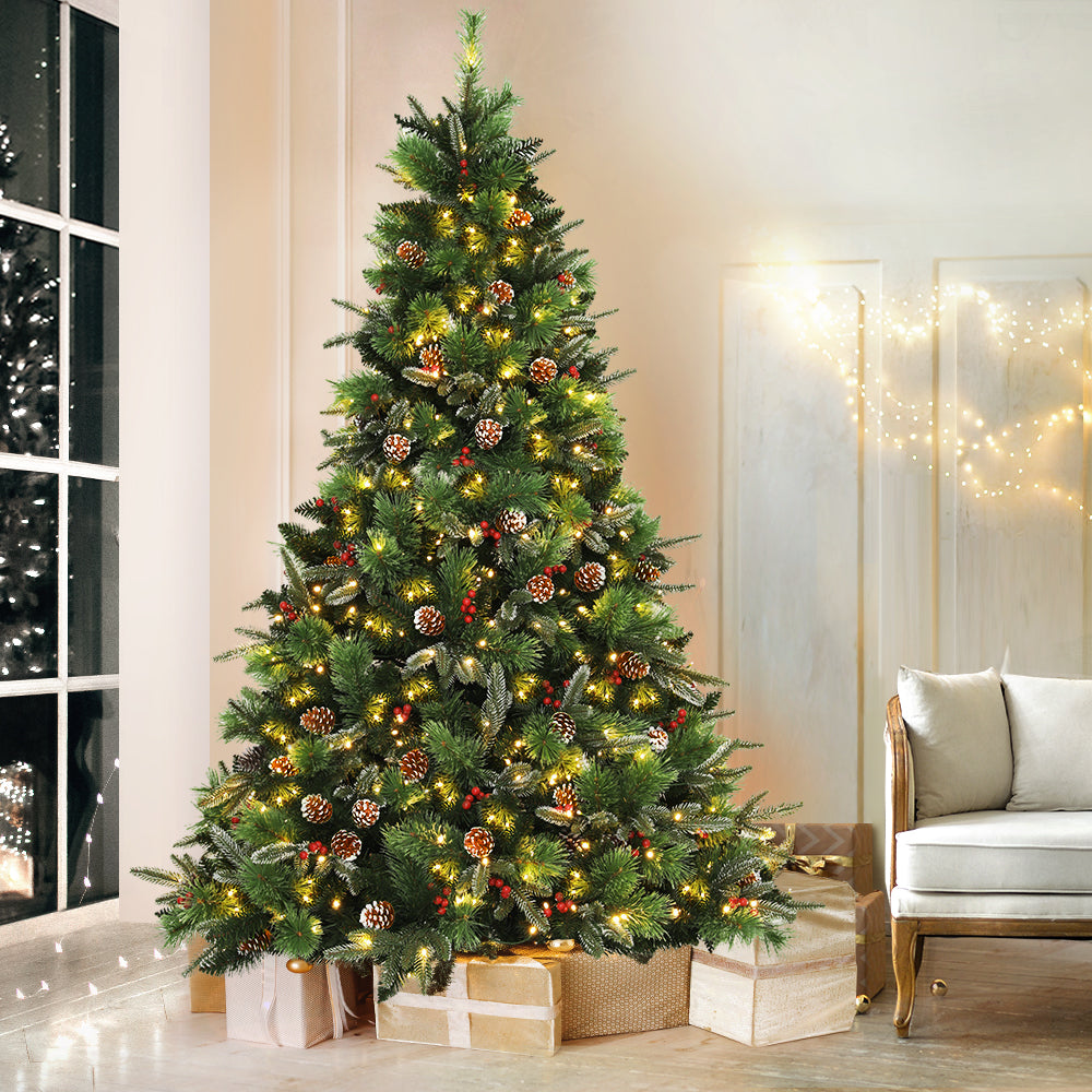 Jingle Jollys 2.1M Christmas Tree Prelit LED Pine Cones Red Berries