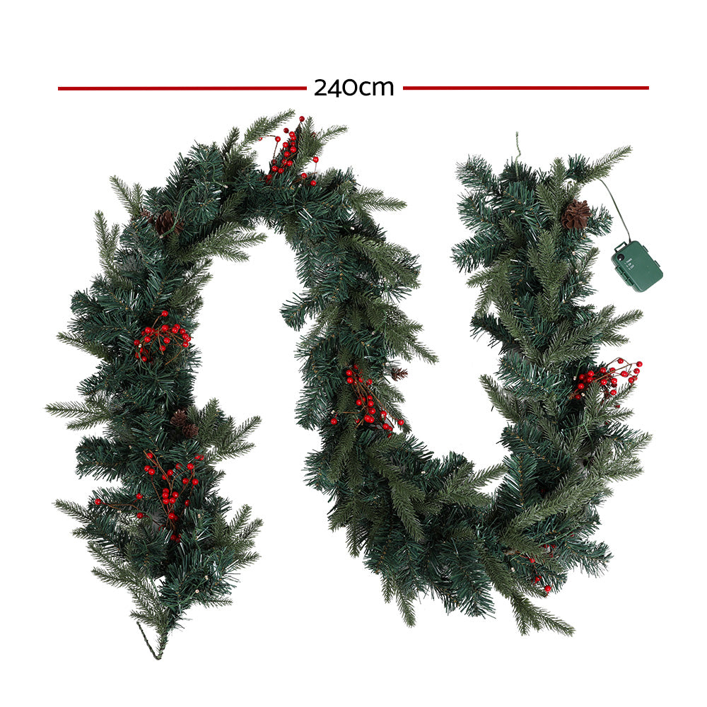 Jingle Jollys 2.4m Christmas Garland LED Lights Red Berries Pine Cones