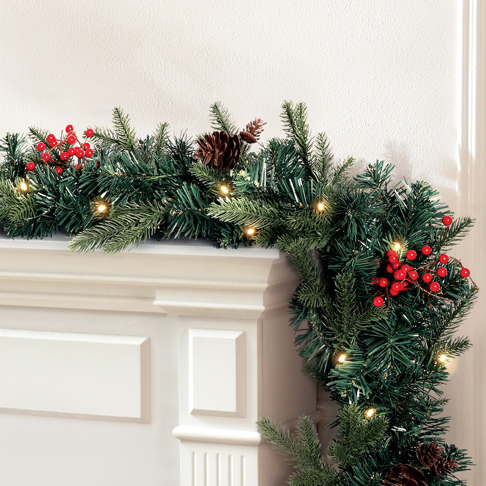 Jingle Jollys 2.4m Christmas Garland LED Lights Red Berries Pine Cones