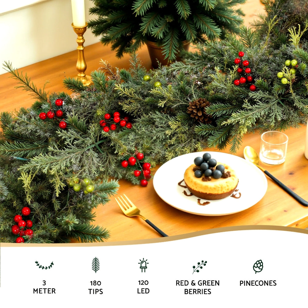 Jingle Jollys 3M Christmas Garland Pre-lit LED Pine Cones Green