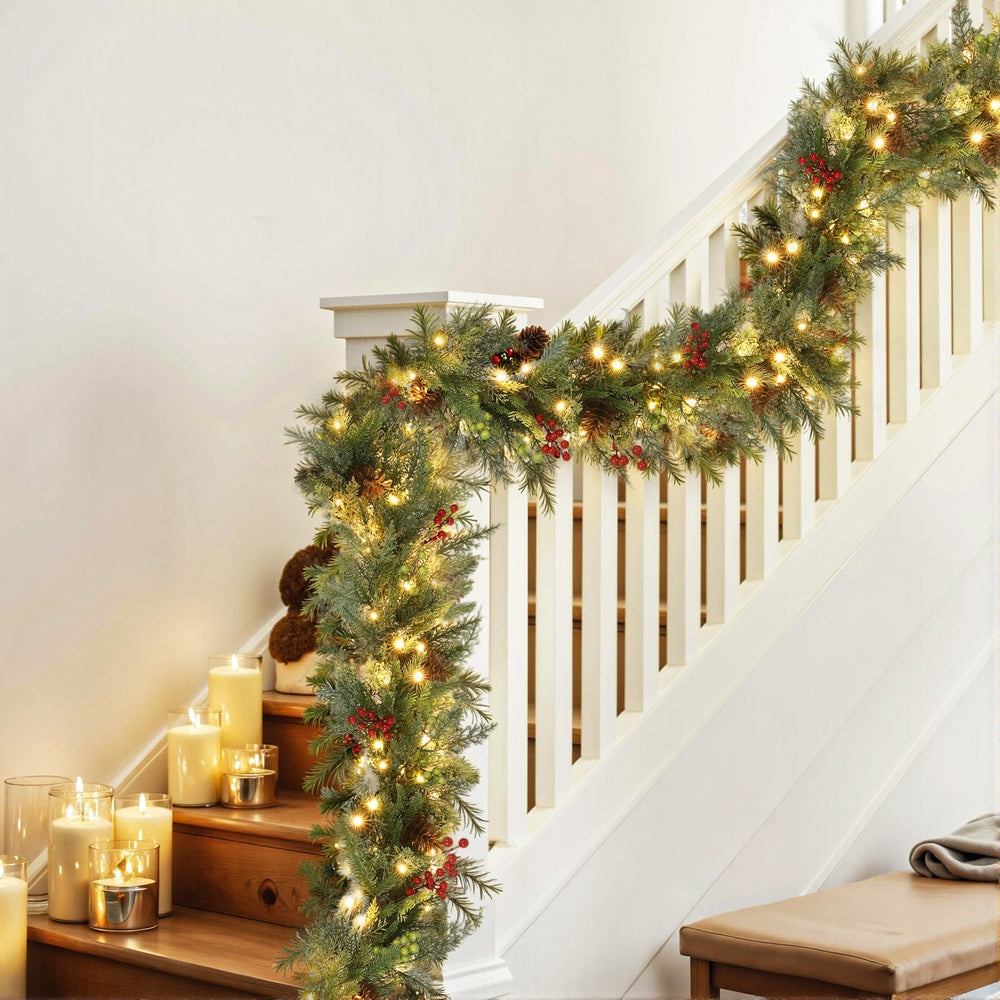 Jingle Jollys 3M Christmas Garland Pre-lit LED Pine Cones Green