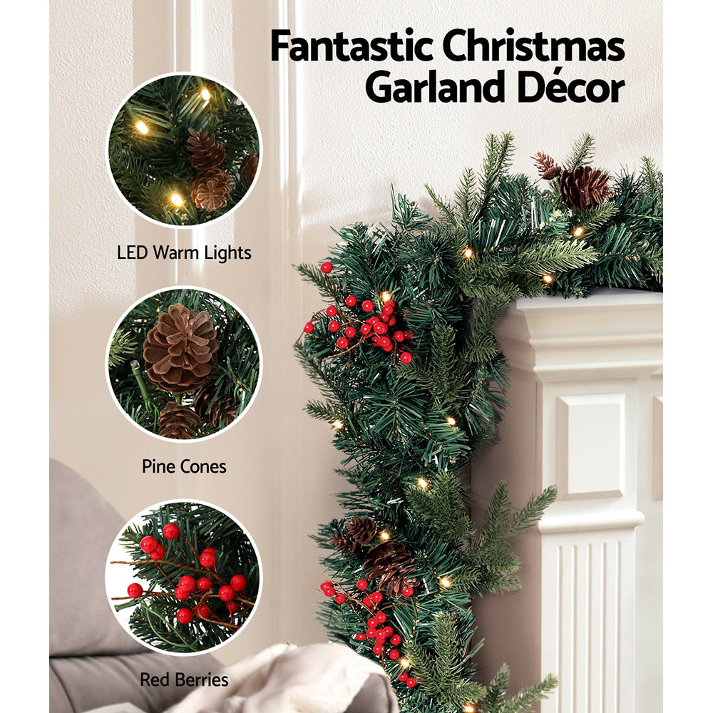 Jingle Jollys 240cm Garland & 60cm Wreath Set LED Lights Xmas Decor