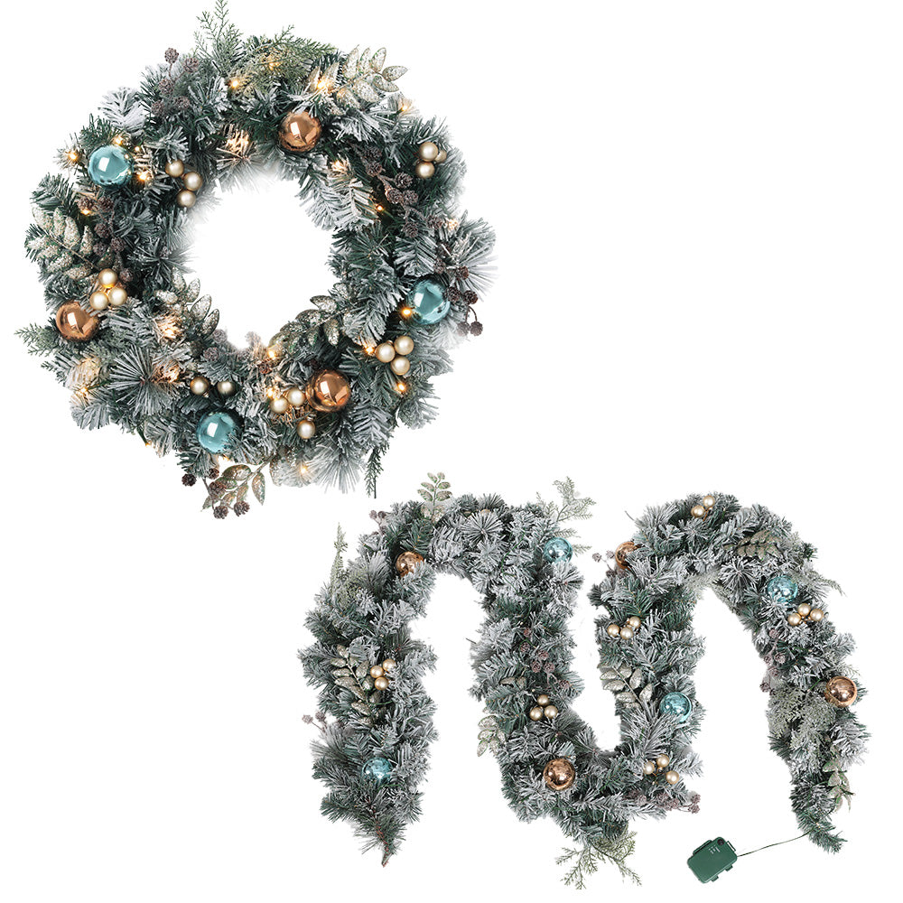 Jingle Jollys 2.7m Christmas Garland and 60cm Wreath Set LED Snowy Decor