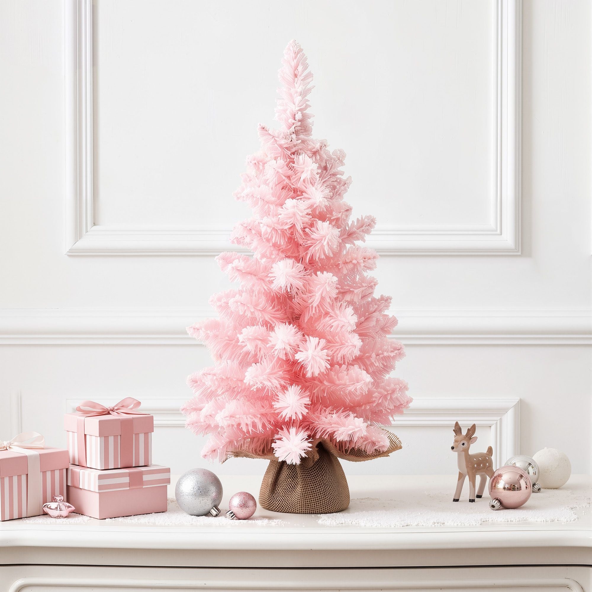 Jingle Jollys 60cm Flocked Pink Christmas Tree Mini Tabletop Xmas Tree