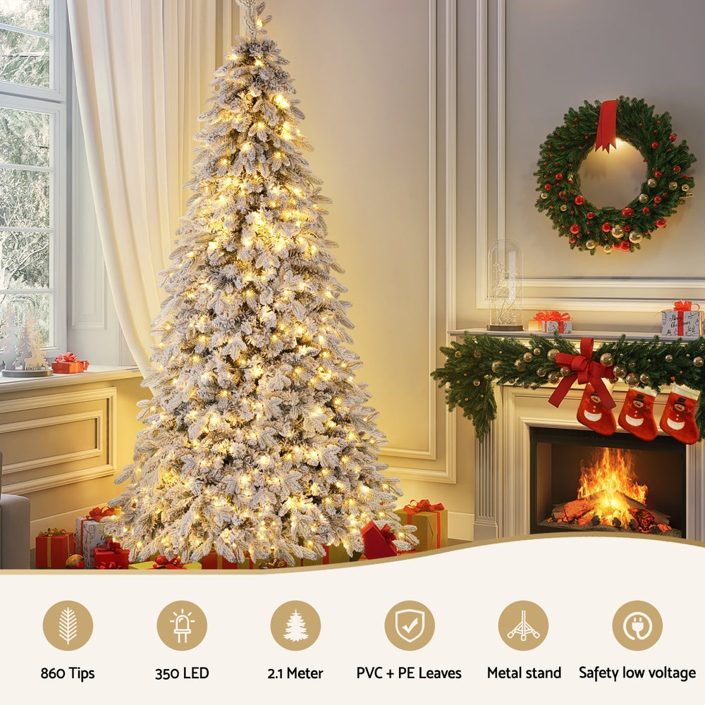 Jingle Jollys 2.1m Pencil Christmas Tree LED Flocked White