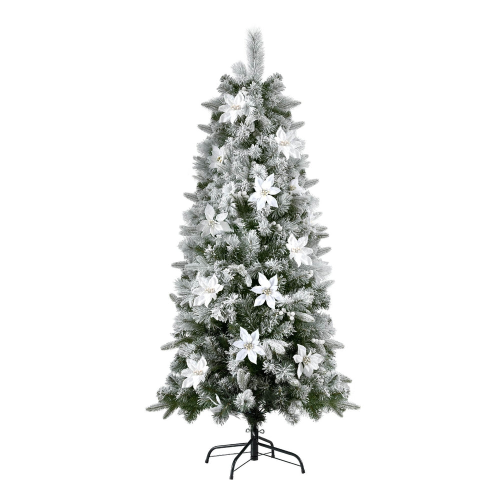 Jingle Jollys 1.8m Snow Flocked Christmas Tree with Flowers and Berries Decor