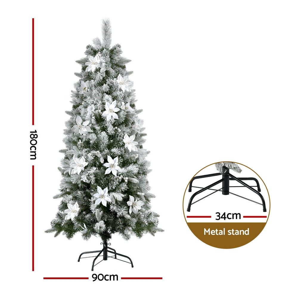 Jingle Jollys 1.8m Snow Flocked Christmas Tree with Flowers and Berries Decor